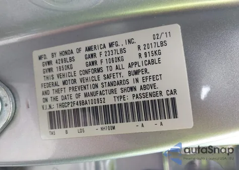 2011 Honda Accord 2.4 Lx-P from USA, damaged, VIN 1HGCP2F49BA100952